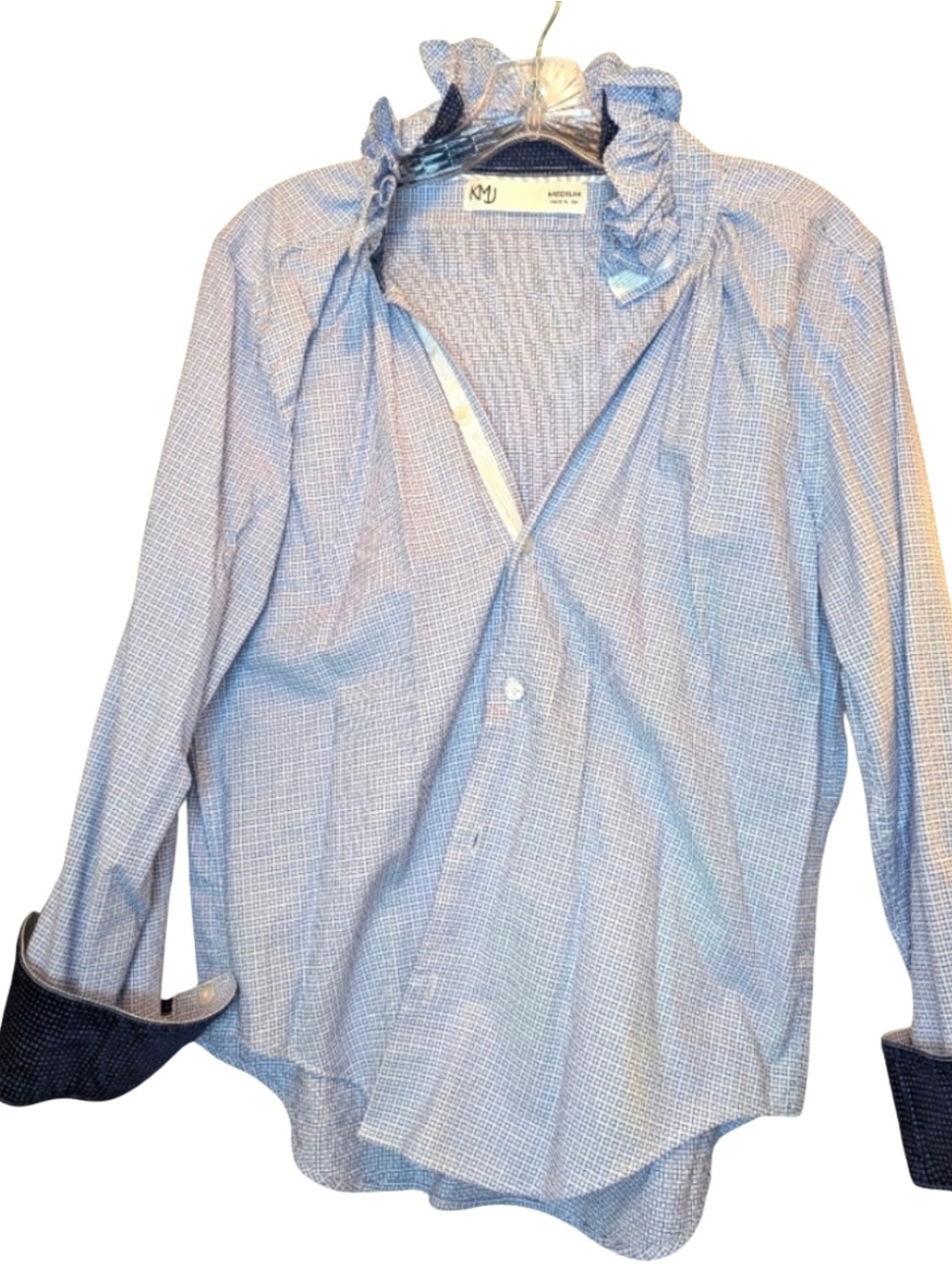 KMJ- Light Blue Check Ruffle-Collar Button-Down Shirt, M